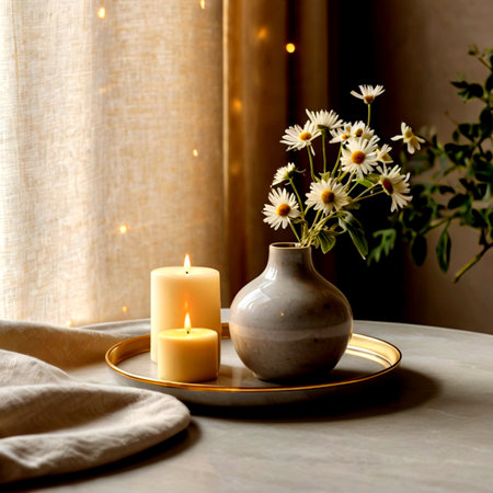 A bouquet of daisies in a vase and a burning candle on the table.の写真素材