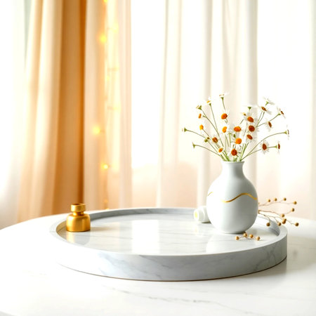 Vase with flowers on white marble table in room, closeupの写真素材