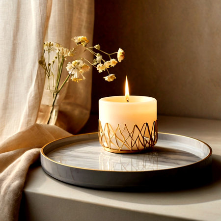 Burning candle with dried flowers on a round tray in the interiorの写真素材