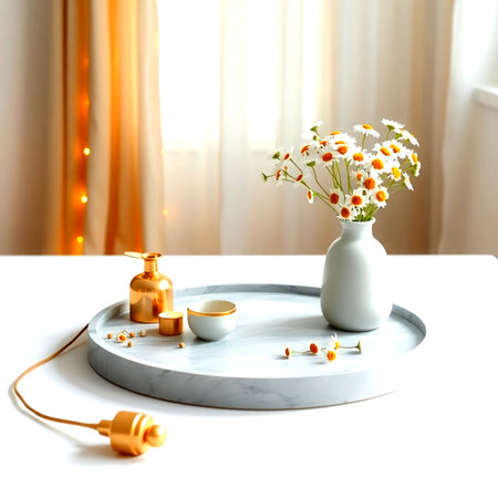 Vase with chamomile flowers and perfume on table in roomの写真素材