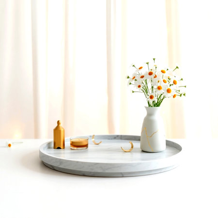Beautiful chamomile flowers in vase on table in roomの写真素材