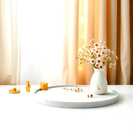 Vase with beautiful flowers on white table in room. Interior designの写真素材
