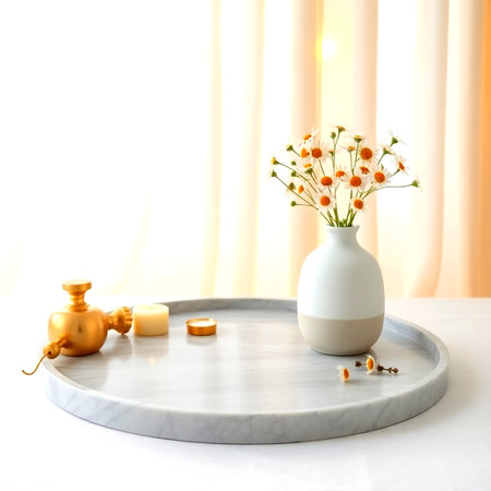 Vase with beautiful flowers on round table in room, closeupの写真素材