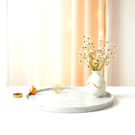 Bouquet of chamomiles on white marble tableの写真素材