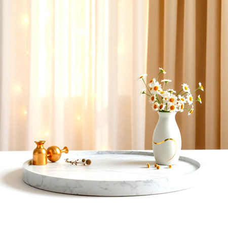 Vase with chamomile flowers on white marble table in roomの写真素材