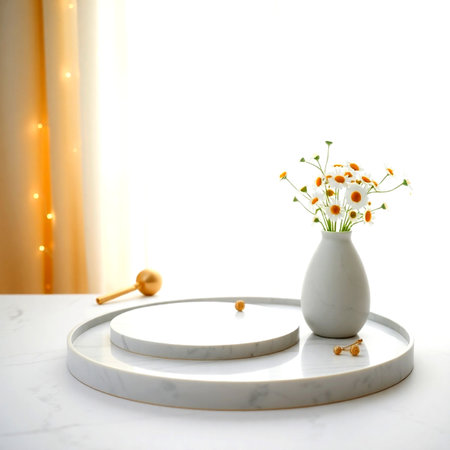 White round podium and vase with daisies on white backgroundの写真素材