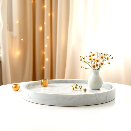 Round marble table with vase of daisies on light backgroundの写真素材