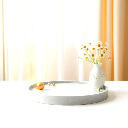 Vase with chamomile flowers on white table in roomの写真素材