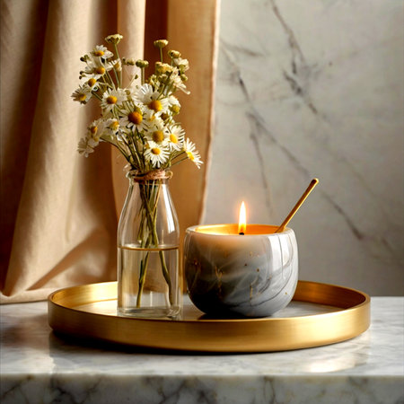 Vase with chamomile flowers and burning candle on tableの写真素材