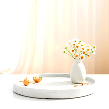 Beautiful chamomile flowers in vase on table in roomの写真素材