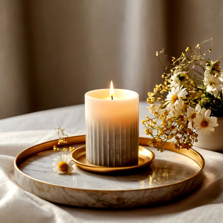Burning candle on a golden tray with chamomile flowersの写真素材