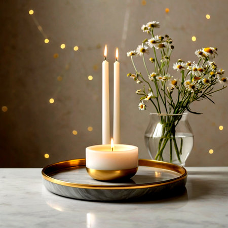 Burning candles and chamomile bouquetle tableの写真素材