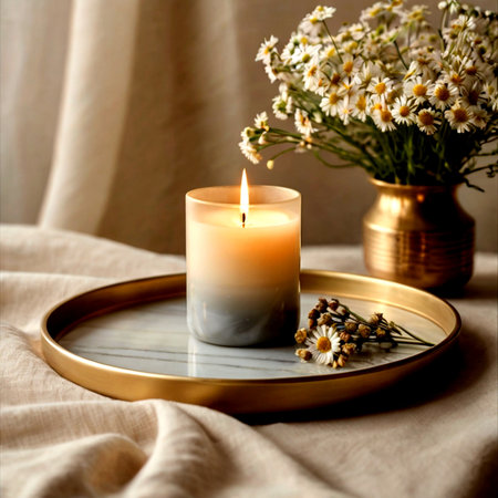 Burning candle and vase with chamomile flowers on wooden trayの写真素材
