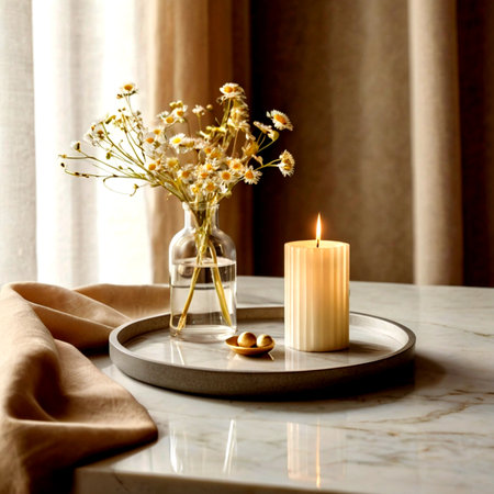 Burning candle with gypsophila flowers in vase on tableの写真素材