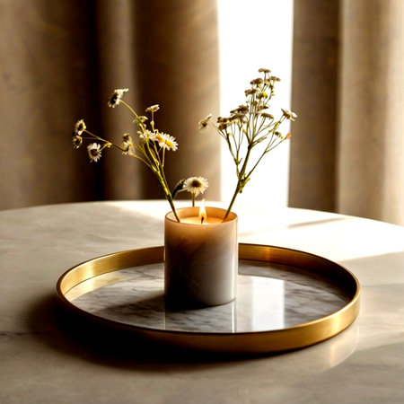 Candle and dry flowers on a marble table in a modern roomの写真素材