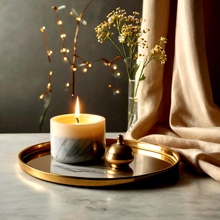 Burning candle, dry flowers and fabric on white marble table indoorsの写真素材