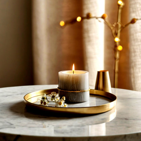 Burning wax candle on white marble table in living room interior.の写真素材