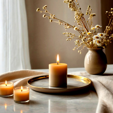 Burning candles in ceramic candlestick with dried flowers on white tableの写真素材