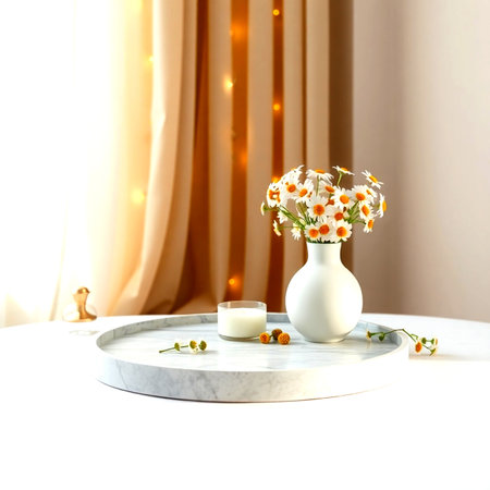 Vase with chamomile flowers and candle on table in roomの写真素材