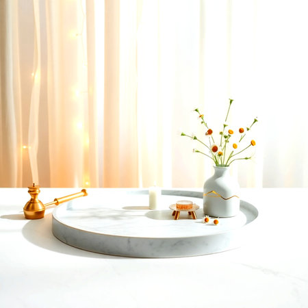 White marble table with vase of flowers, candlestick and candle on light backgroundの写真素材