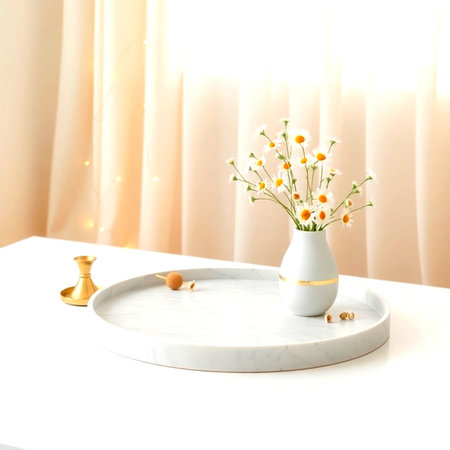 Vase with chamomile flowers on white table in roomの写真素材