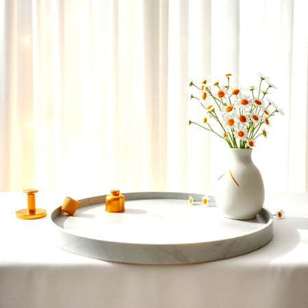Vase with chamomile flowers on round table in roomの写真素材