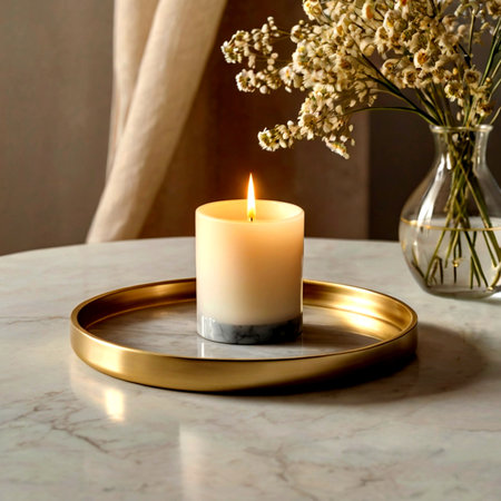 Burning candle and gypsophila flowers on white marble tableの写真素材