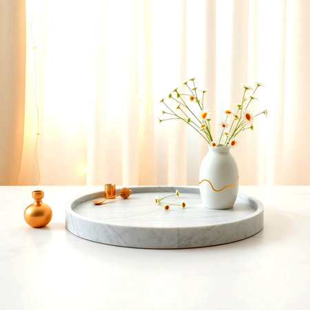 Vase with daisy flowers on white marble table, interior designの写真素材