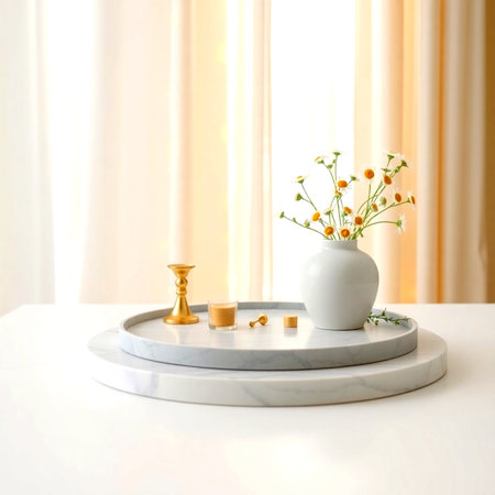 Vase with flowers on white marble table in room. Interior designの写真素材