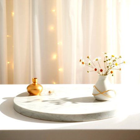 Vase with daisies on white marble table in sunlight, interior designの写真素材