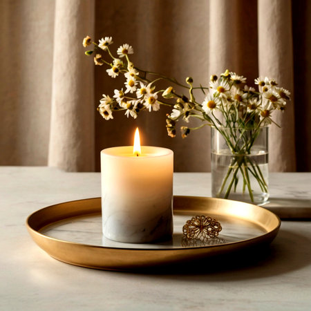 Burning candle in a golden tray with gypsophila flowersの写真素材