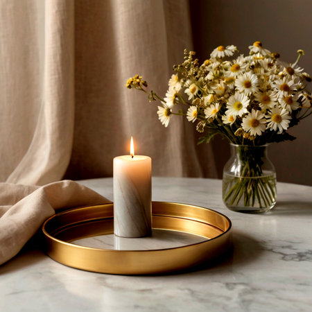 Burning candle and bouquet of chamomile flowersle table.の写真素材