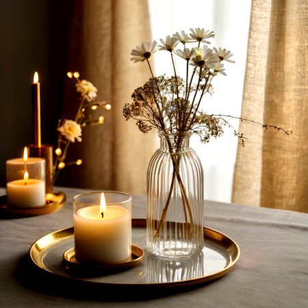 Dried flowers in glass vase with burning candles on table in roomの写真素材