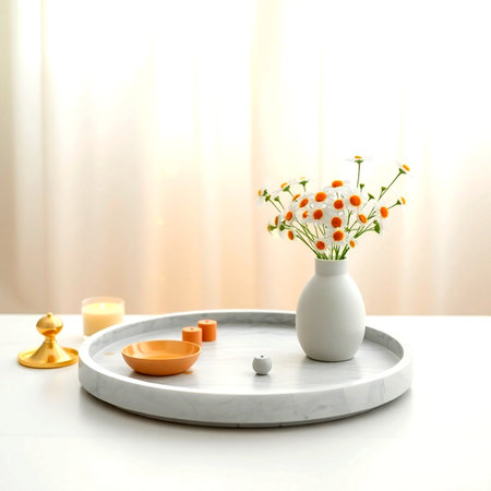Vase with beautiful flowers on table in room. Space for textの写真素材
