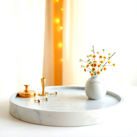 Ceramic vase with flowers on white marble table in roomの写真素材