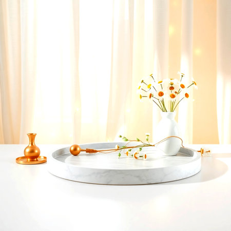 Vase with spring flowers on white marble table. 3d renderの写真素材