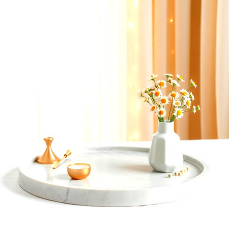 Beautiful chamomile flowers in vase on table in roomの写真素材