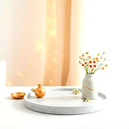 Vase with chamomile flowers on white marble table.の写真素材