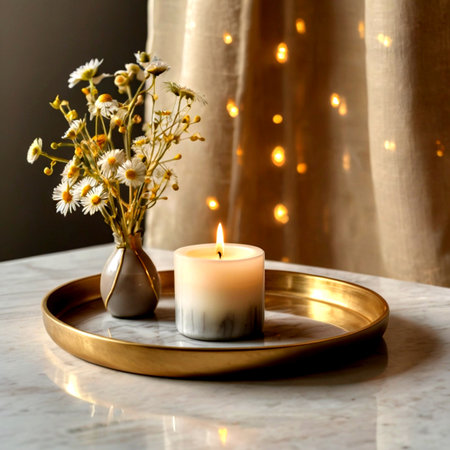 Burning candle and bouquet of chamomile flowers in vase on white marble table.の写真素材