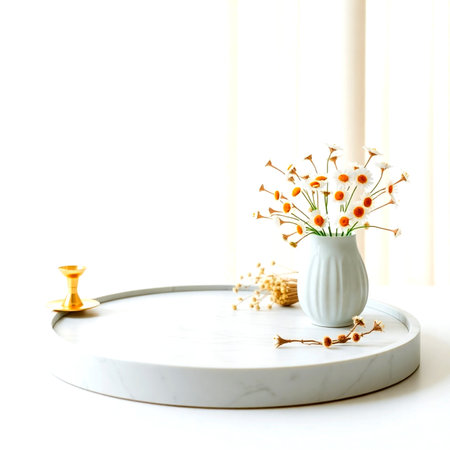 Vase with flowers on white round table in living room, stock photoの写真素材