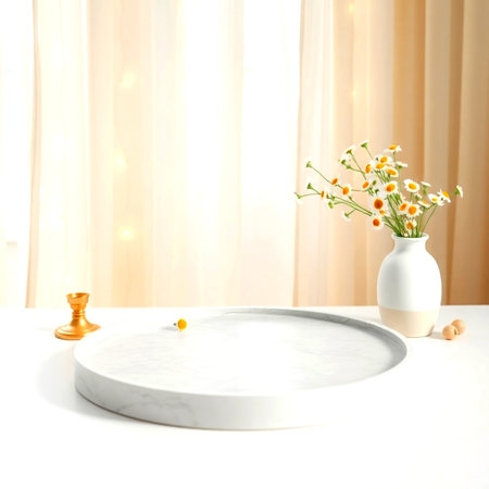Round marble podium with daisies in vase on white tableの写真素材