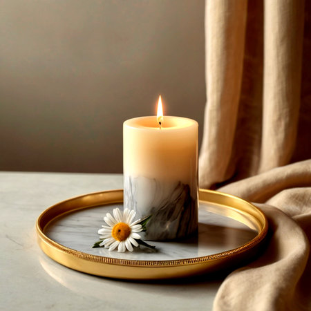 Burning candle with chamomile on trayの写真素材