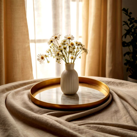 A bouquet of daisies in a vase on a round wooden tray.の写真素材