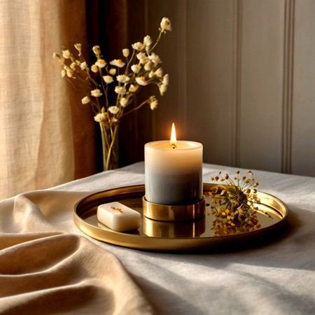 Burning candle on a golden tray with dried flowers in the backgroundの写真素材
