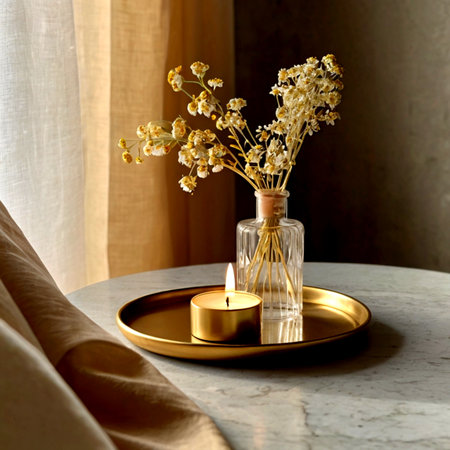 Vase with dry flowers and candle on table in room, interior designの写真素材