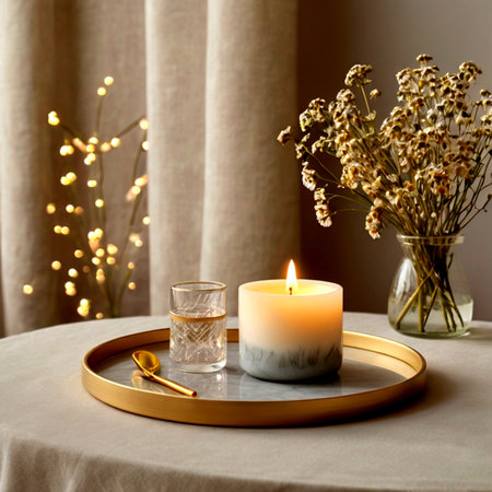 Burning candle on golden tray and dried flowers on table in roomの写真素材