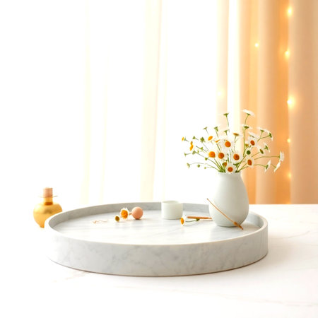 Ceramic vase with flowers and candles on white marble table