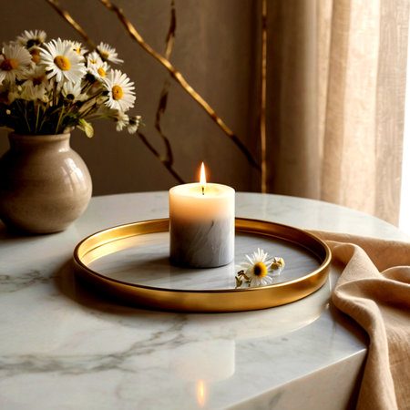 Burning candle with chamomile flowers on a white marble tableの写真素材