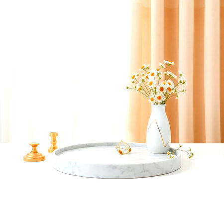 Vase with daisies on white marble table in interior roomの写真素材
