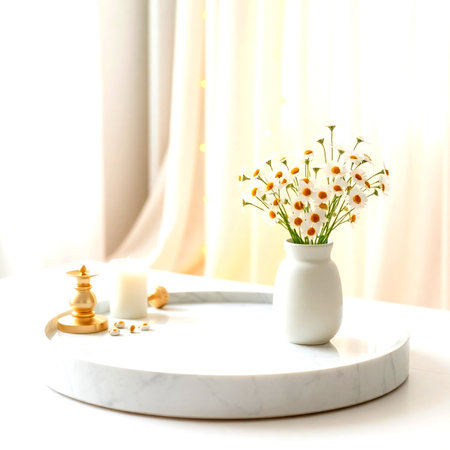 Vase with beautiful chamomile flowers on table in roomの写真素材